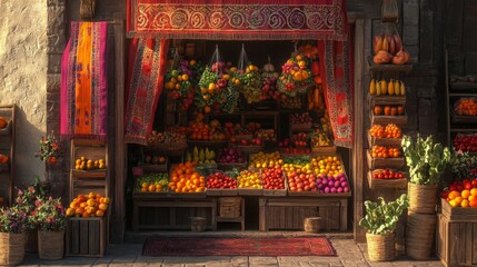 Fototapeta premium Vibrant Fruit and Vegetable Market Stall in Warm Sunlight