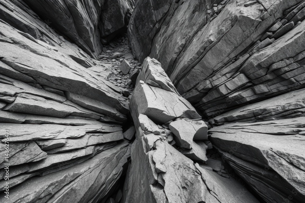 Poster monochrome image of jagged rock formations radiating from a central point, showcasing natural textur