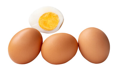 Front view of raw brown chicken eggs and cooked or boiled chicken egg with egg yolk in half in stack isolated in png file format