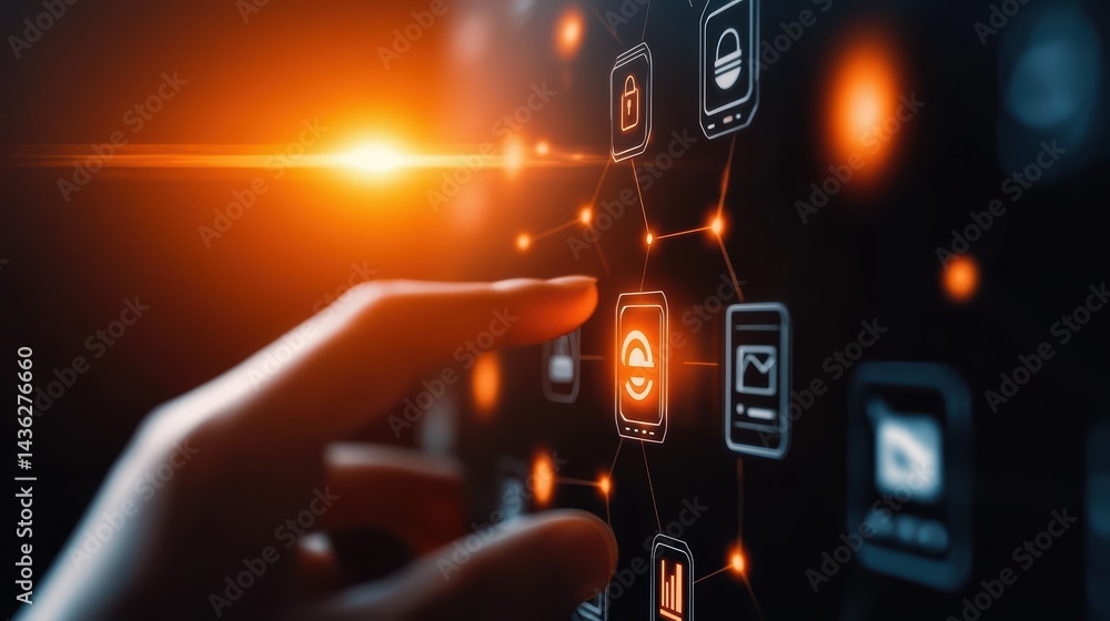 Poster user interacting with digital interface and icon selection concept