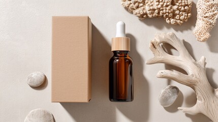 Eco-friendly mockup featuring amber glass dropper bottle and cardboard box on natural background with ocean-inspired decor elements like coral and stones, ideal for sustainable skincare branding.