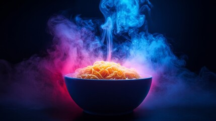 Steaming Noodles in a Bowl with Pink and Blue Lighting