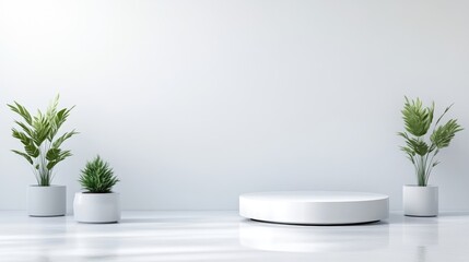 Minimalist, white room with plants and a round podium.  A clean, modern, and empty presentation area