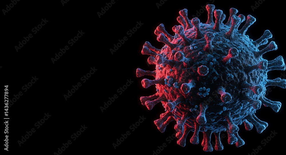 Poster detailed microscopic rendering of a contagious virus with black background