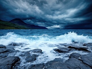 Fototapeta premium Dramatic coastal scene with crashing waves against dark rocks under a stormy sky