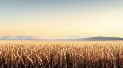 Fototapeta premium Sunrise over European wheat fields, soft golden glow, misty horizon, peaceful rural moment, watercolor style