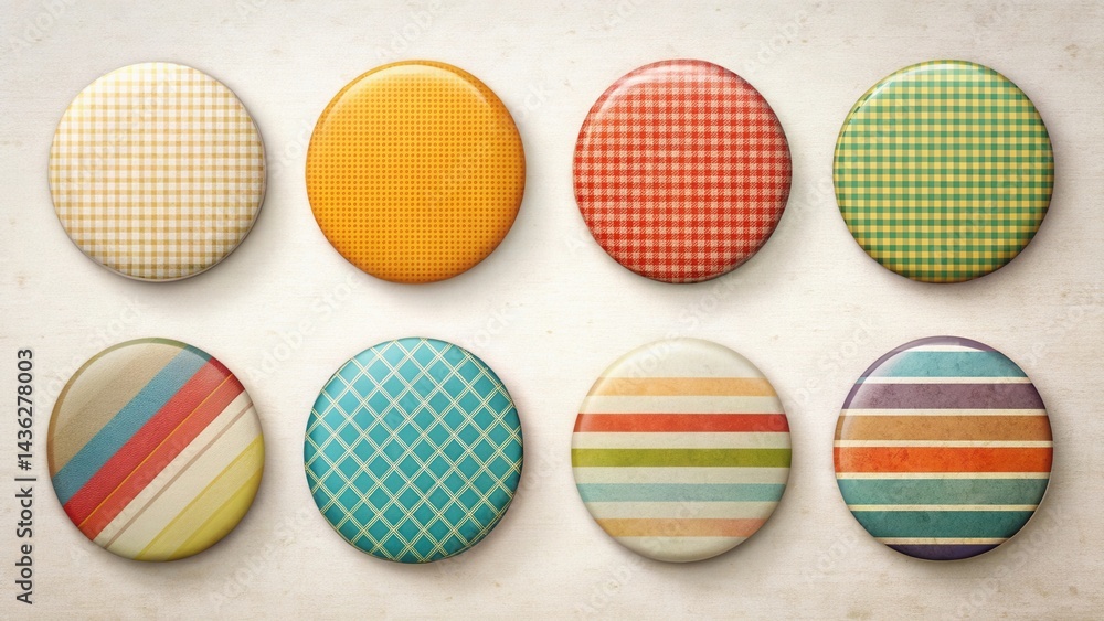 Poster collection of eight retro-styled circular badges with various geometric patterns and textured surfac