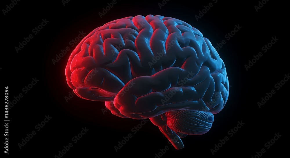 Poster illuminated human brain model showcasing neural activity with dynamic lighting