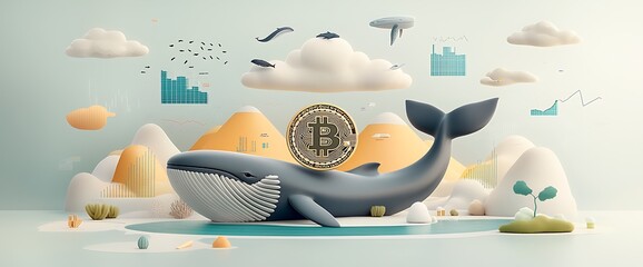 Whale carrying Bitcoin in a stylized landscape