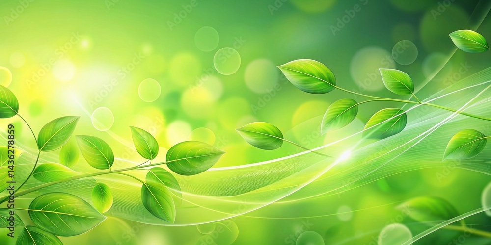 Poster serene green leaves and abstract swirling lines background image for design projects