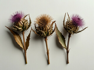 Three thistle flowers on plain background