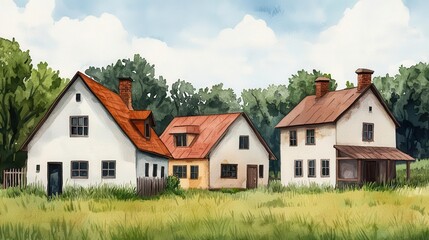 Traditional cheesemaking, wooden cottages, farmers in aprons, charming rural industry, watercolor style