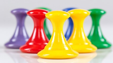 Colorful game pawns in a close-up shot, focused on a central yellow piece