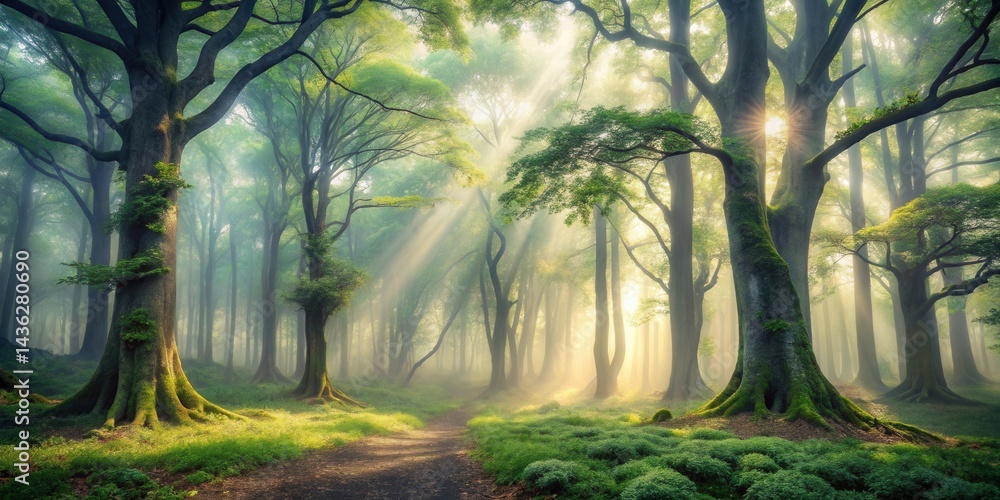 Poster Sunbeams Illuminate a Mystical Forest Path, Where Ancient Trees Stand Tall and Mossy, Creating a Serene and Dreamlike Atmosphere