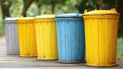 Naklejka premium Colorful compost bins lined along a wooden path in a vibrant garden setting during a sunny day