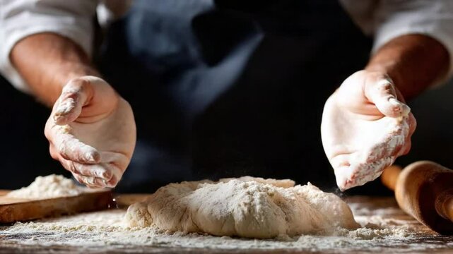 Artisan Baker at Work: Capturing the essence of culinary craftsmanship, a close-up shot features a skilled baker's hands dusting flour onto dough, evoking the warmth and tradition of a home kitchen. 