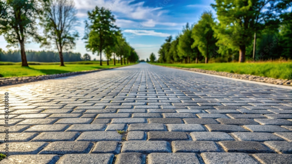 Aufkleber a sunlit cobblestone path lined with lush green trees extends towards a bright horizon, creating a s