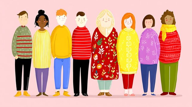 Eight diverse people standing in a row