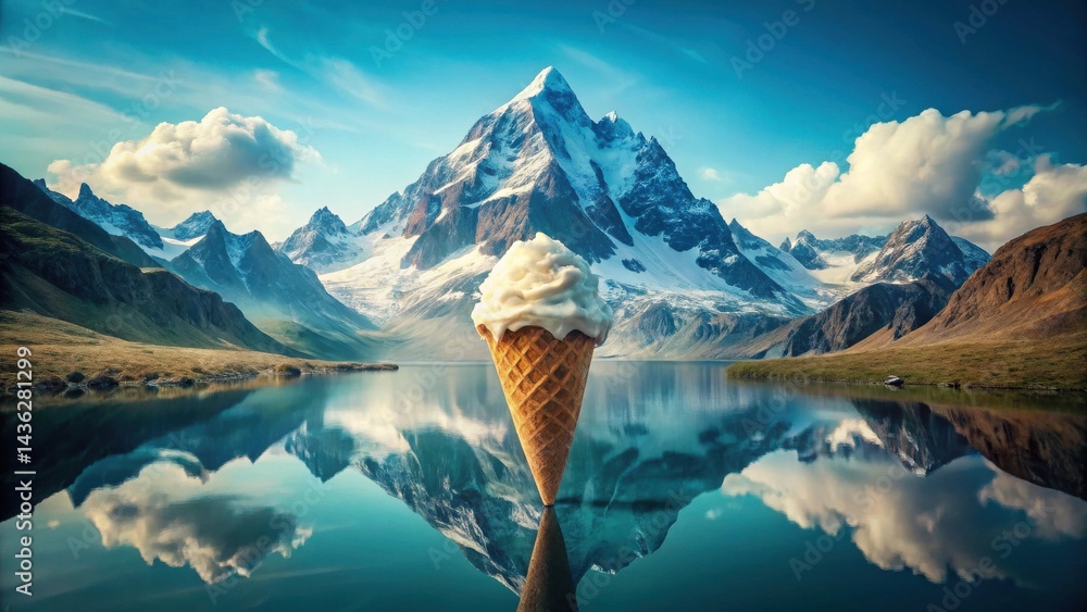 Aufkleber serene mountain lake with a creamy ice cream cone reflection