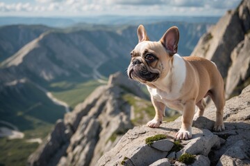 Fototapeta premium A French Bulldog standing on rocky terrain overlooking a scenic mountain landscape under a partly cloudy sky