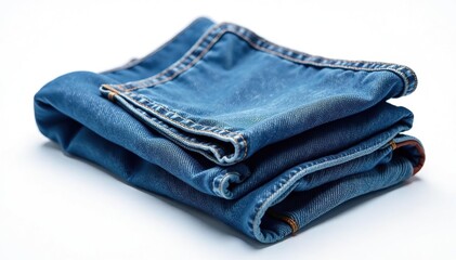 Classic blue denim jeans, neatly folded on white , dark wash, studio