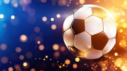 Obraz premium Glowing soccer ball in motion with a vibrant bokeh background of colorful lights