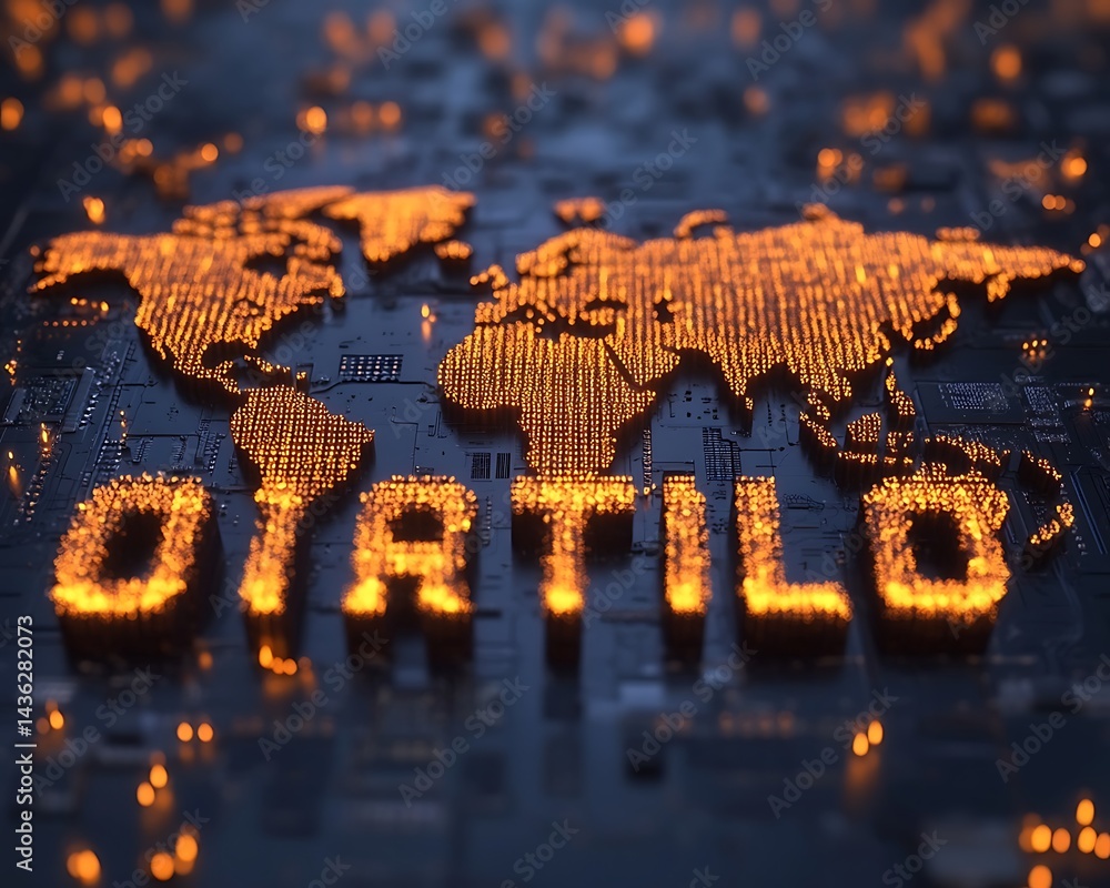 Poster illuminated global map with letters displayed on a circuit board