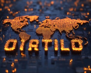 Illuminated global map with letters displayed on a circuit board