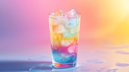 Rainbow Icy Drink in Glass with Colorful Background