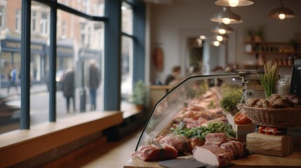 A busy local butcher shop with fresh cuts of meat displayed at the far right