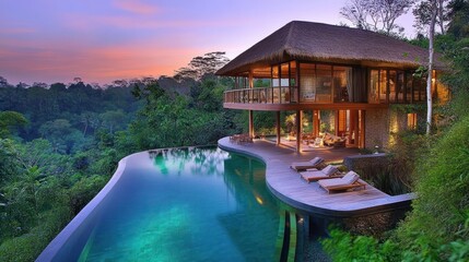 Luxurious infinity pool villa overlooking rainforest at sunset. Use Stock photo for travel, luxury real estate, or vacation advertising