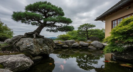 Bonsai Tree by Pond