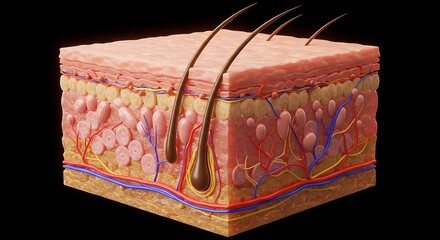 Human skin anatomy detailed cross section with hair follicles and blood vessels