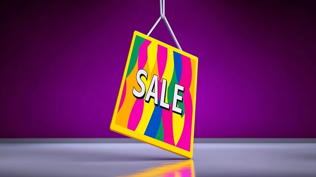 Colorful hanging sale sign, vibrant design, discount announcement