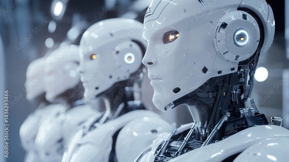 Poster line of futuristic humanoid robots standing in formation representing advanced ai