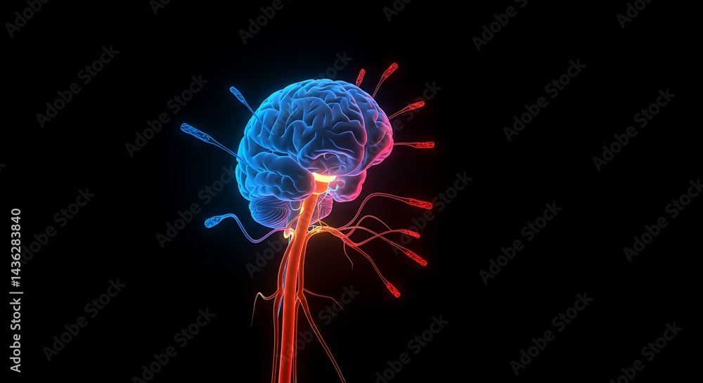 Poster conceptual rendering of a glowing human brain and central nervous system