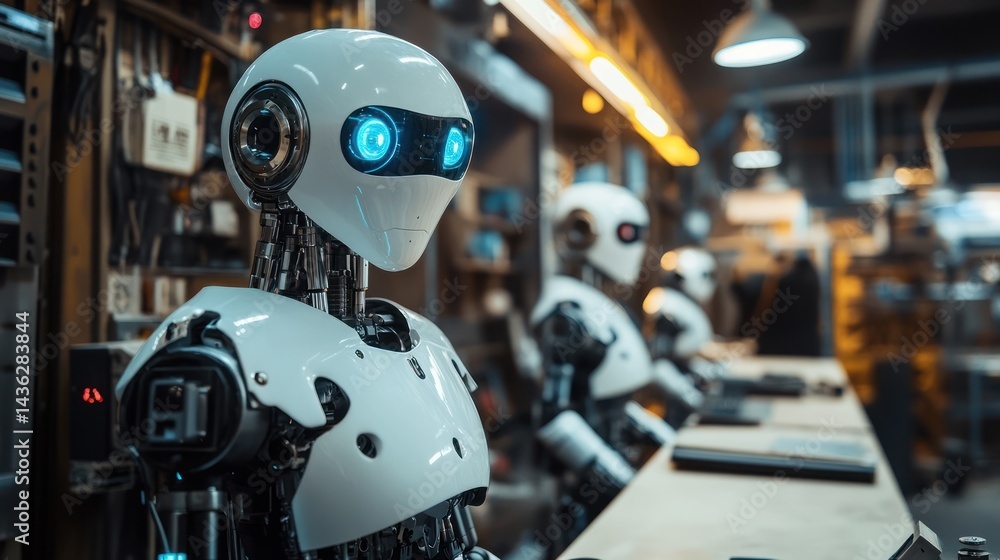 Poster automated future: a team of humanoid robots working in an organized workspace