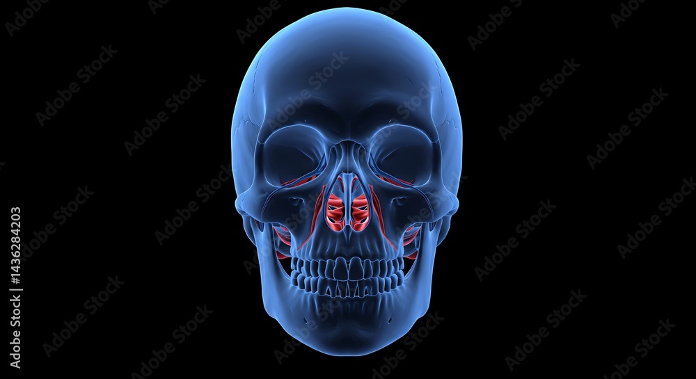Poster digital render of human skull with emphasized nasal cavity and internal bone structure
