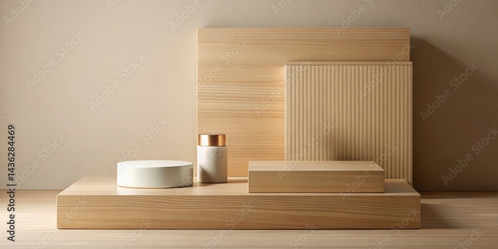 Poster Elegant Minimalist Product Display with Wooden Platforms and Cream Container