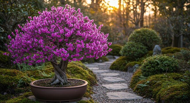 Bonsai Tree with Pink Flowers in a Garden - Powered by Adobe