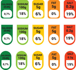 Arrangement of bright multicolored tags with daily norm percentage of micronutrients