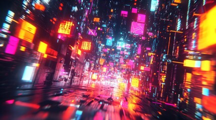 Fototapeta premium Abstract Neon Cityscape with Glowing Squares and Dynamic Motion