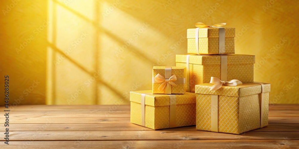 Poster a stack of golden presents with elegant ribbons sits on a rustic wooden surface, bathed in warm sunl