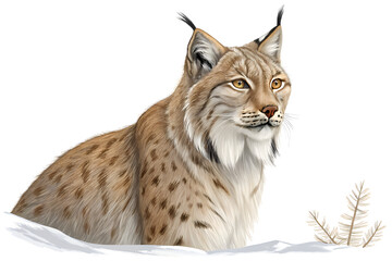 Obraz premium Isolated on white, a wildcat lynx with cute eyes sits like a feline predator in the snow.