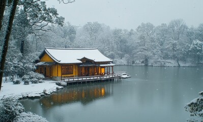 Fototapeta premium Snowy Winter Scene with a Cozy House by the Lake