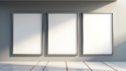 "contemporary poster gallery displayed on sleek grey building wall, series of blank poster frames for mockup, empty outdoor space, professional minimal design, shadow play from sunlight, photorealisti