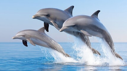 Obraz premium Dolphins soaring through the air, capturing joy in a sunlit ocean moment
