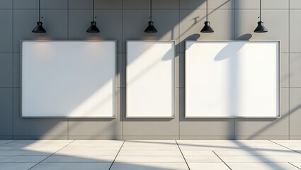 "contemporary poster gallery displayed on sleek grey building wall, series of blank poster frames for mockup, empty outdoor space, professional minimal design, shadow play from sunlight, photorealisti