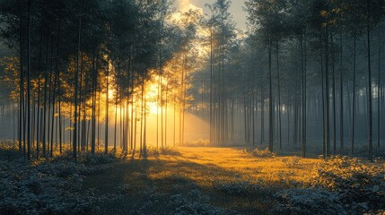 Golden sunlight filters through misty forest