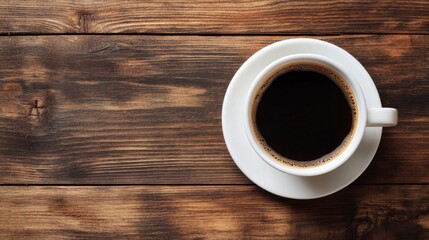 Overhead View of Black Coffee in White Cup on Rustic Wooden Table